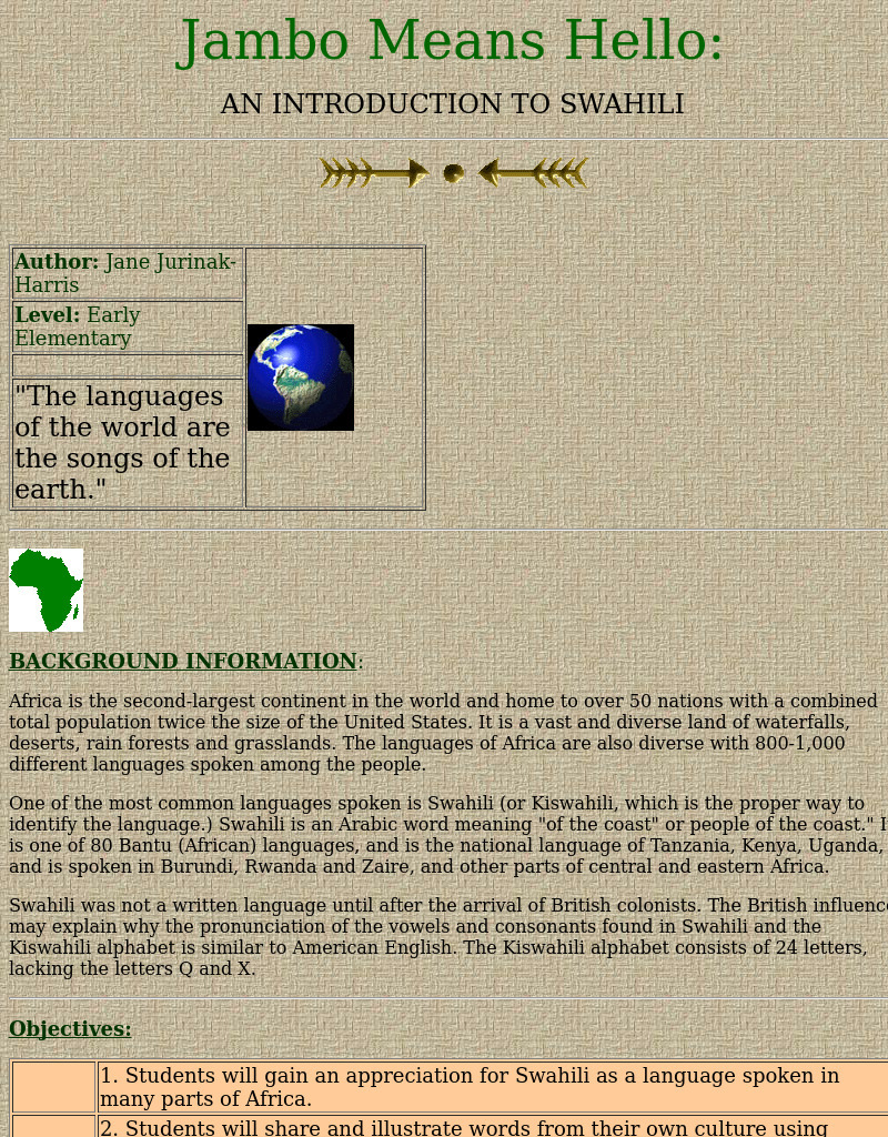 Jambo Means Hello: An Introduction To Swahili Lesson Plan