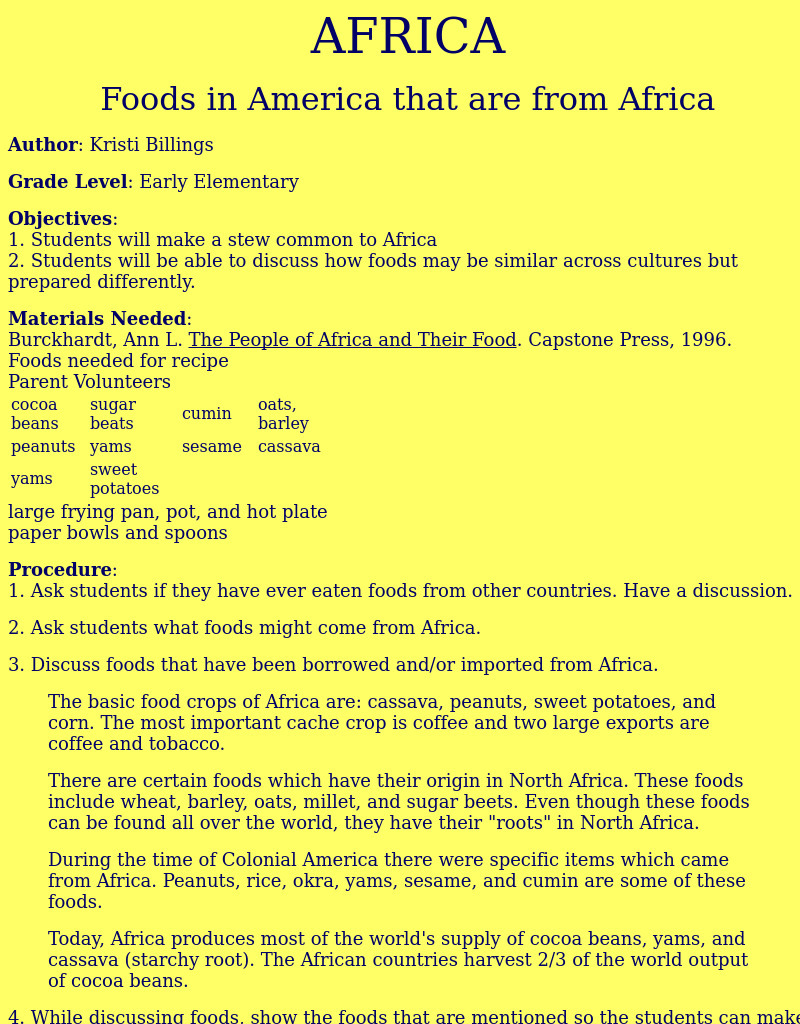 Foods in America that are from Africa Lesson Plan