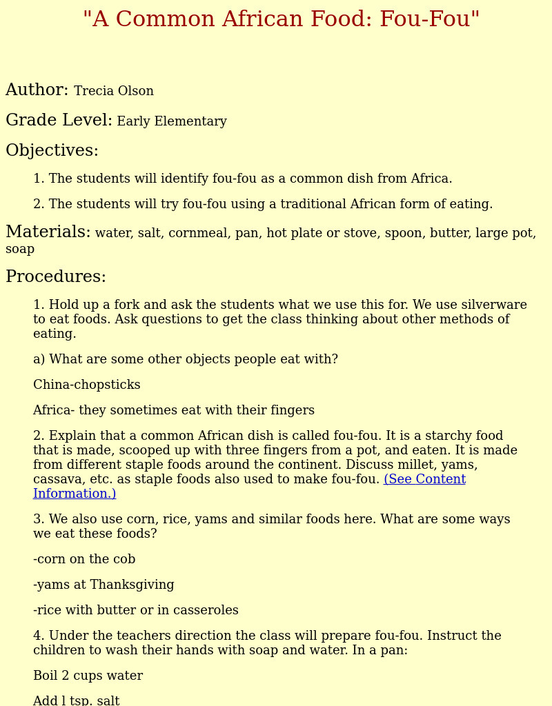 A Common African Food: Fou-Fou Lesson Plan