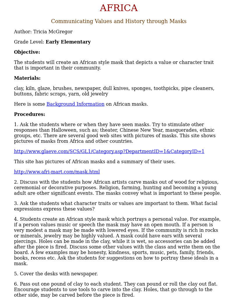 Communicating Values and History through Masks Lesson Plan