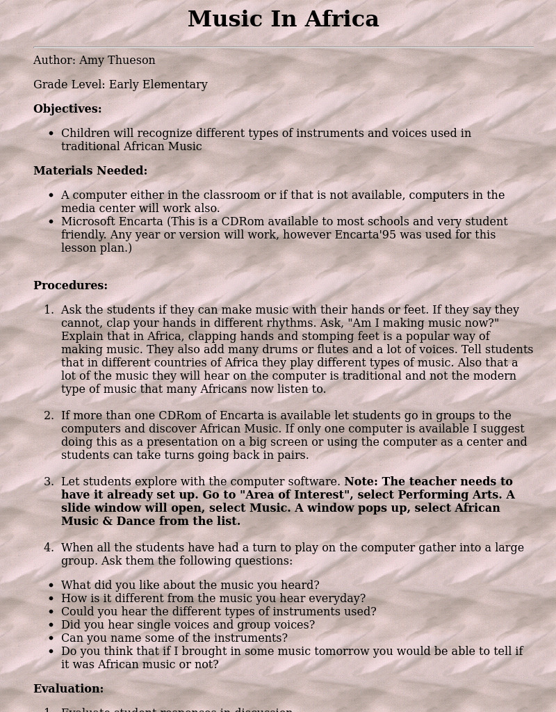 Music In Africa Lesson Plan