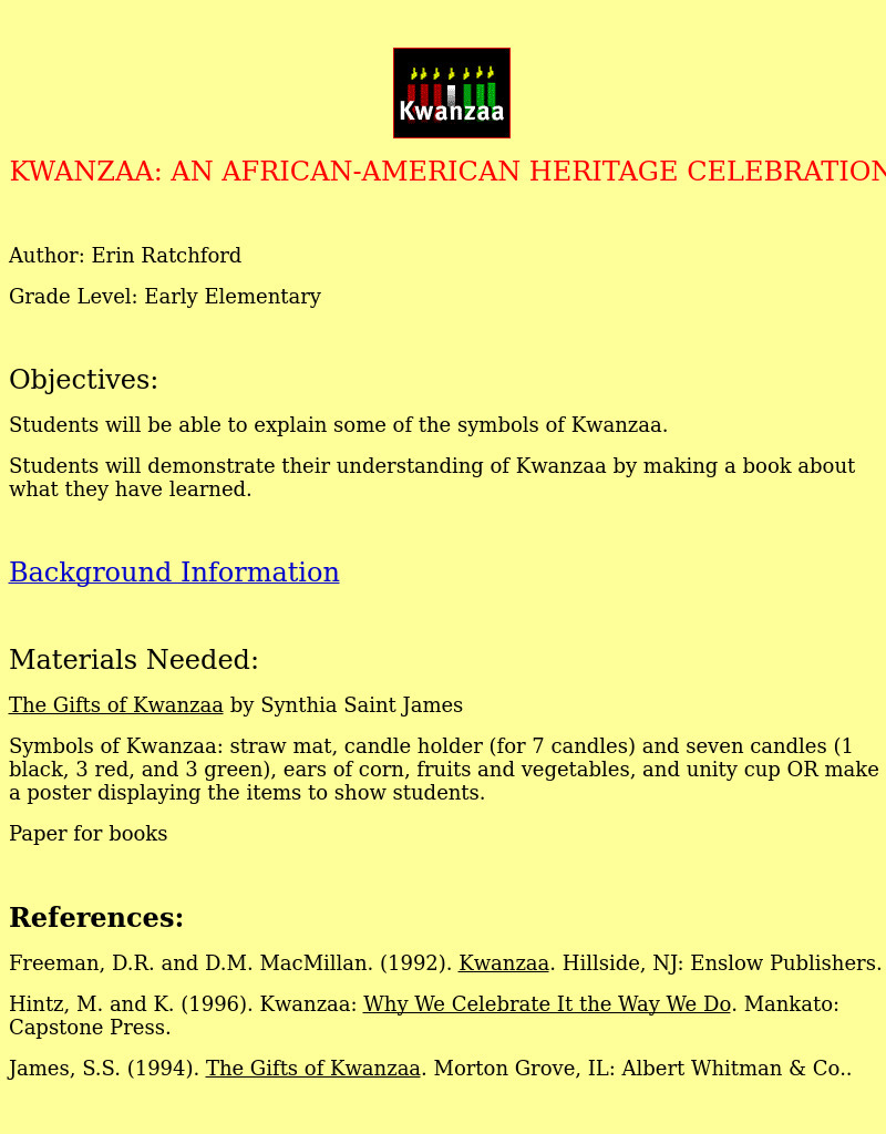 Kwanzaa:  An African-American Heritage Celebration Lesson Plan