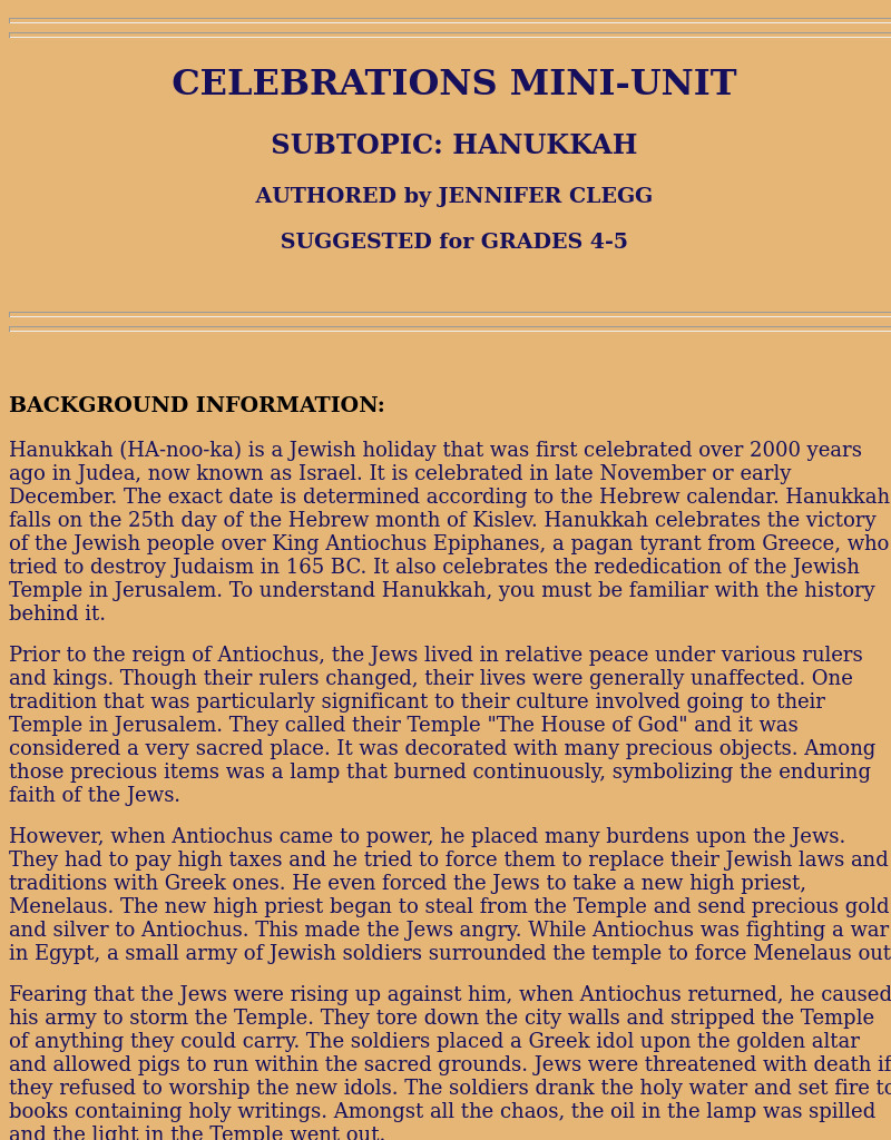 Celebrations: Hanukkah Lesson Plan