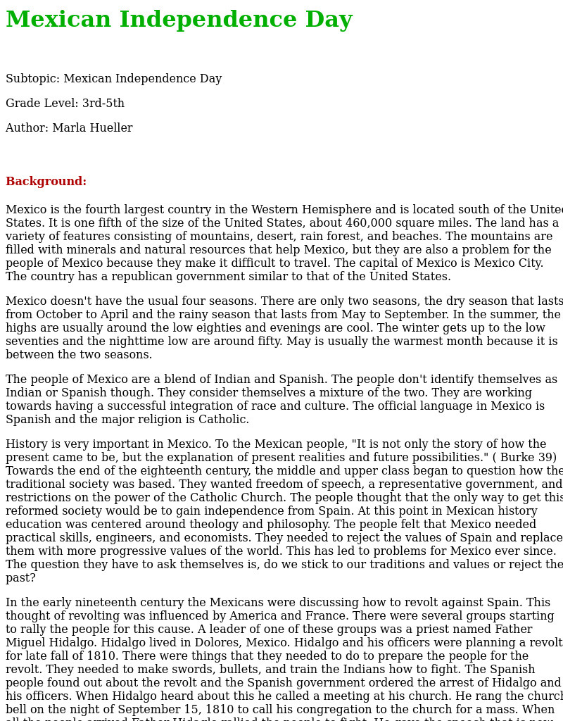 Mexican Independence Day Lesson Plan