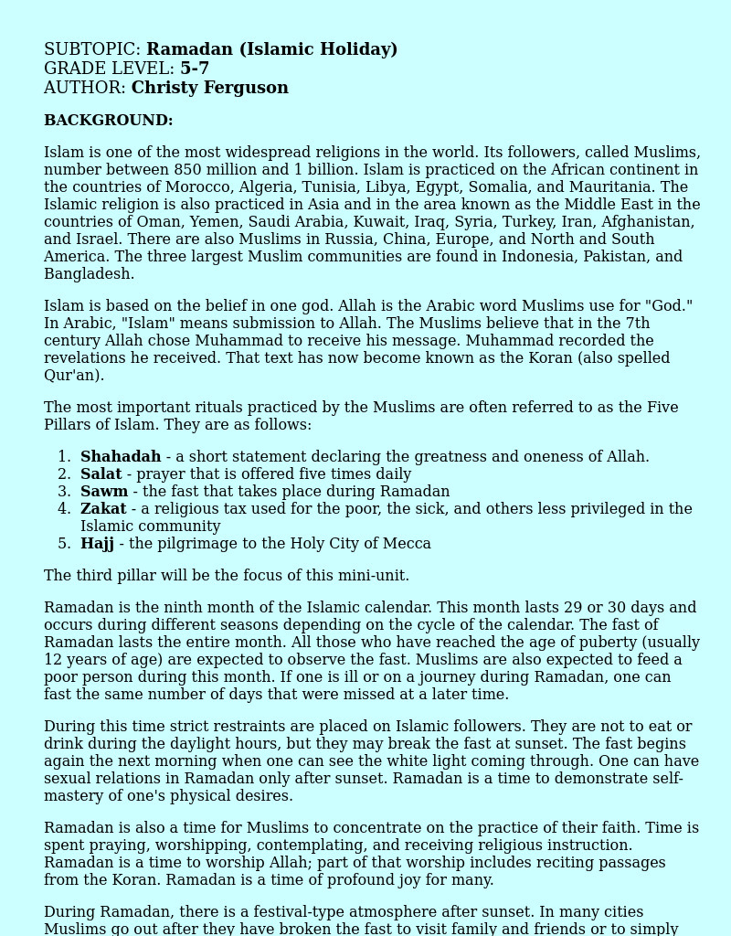 Ramadan (Islamic Holiday) Lesson Plan