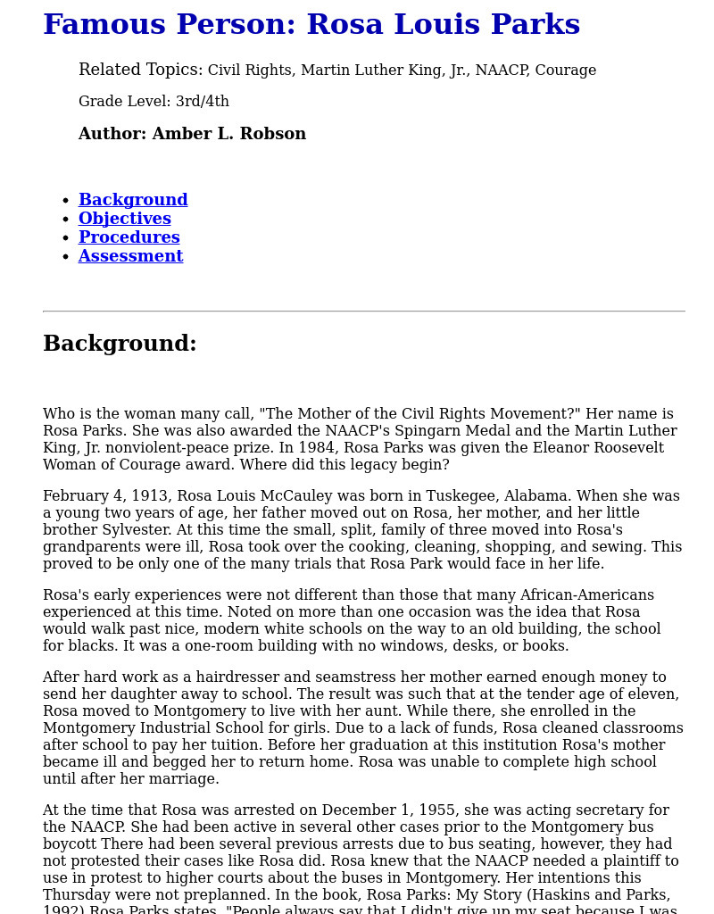 Rosa Louis Parks Lesson Plan