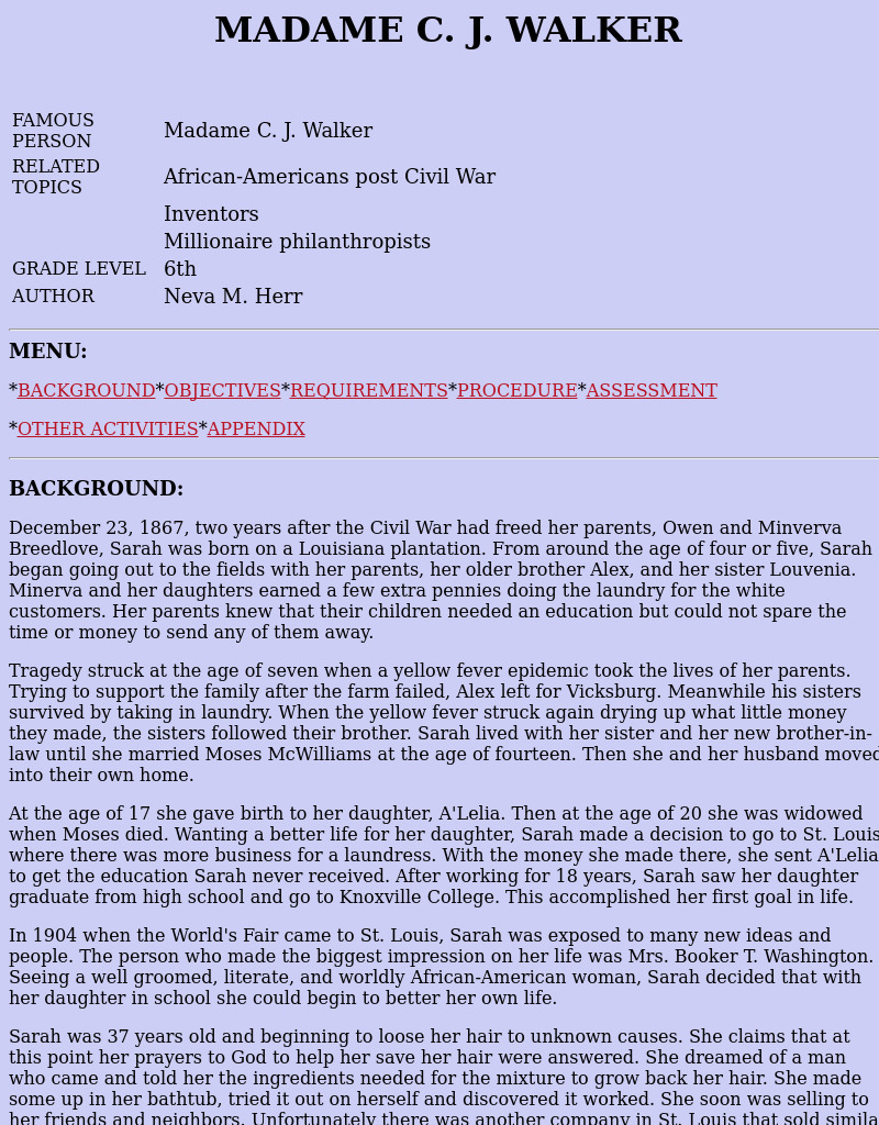 MADAME C. J. WALKER Lesson Plan