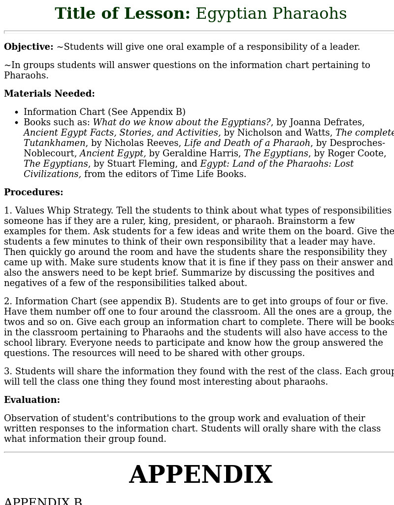 Egyptian Pharaohs Lesson Plan