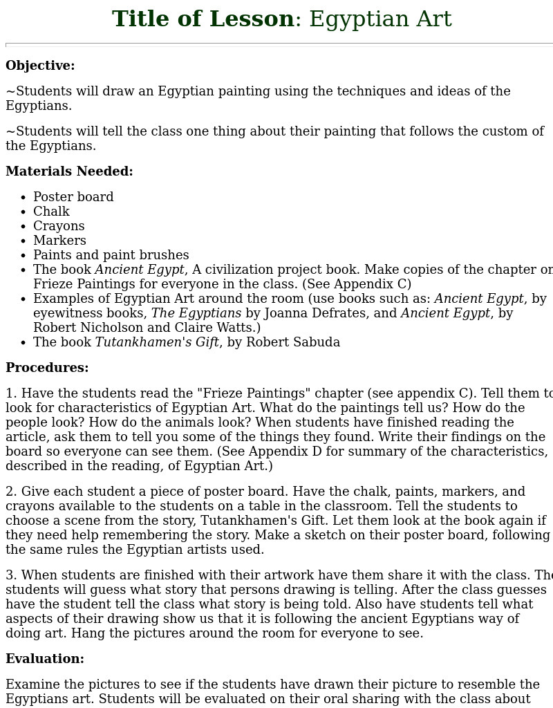 Egyptian Art Lesson Plan