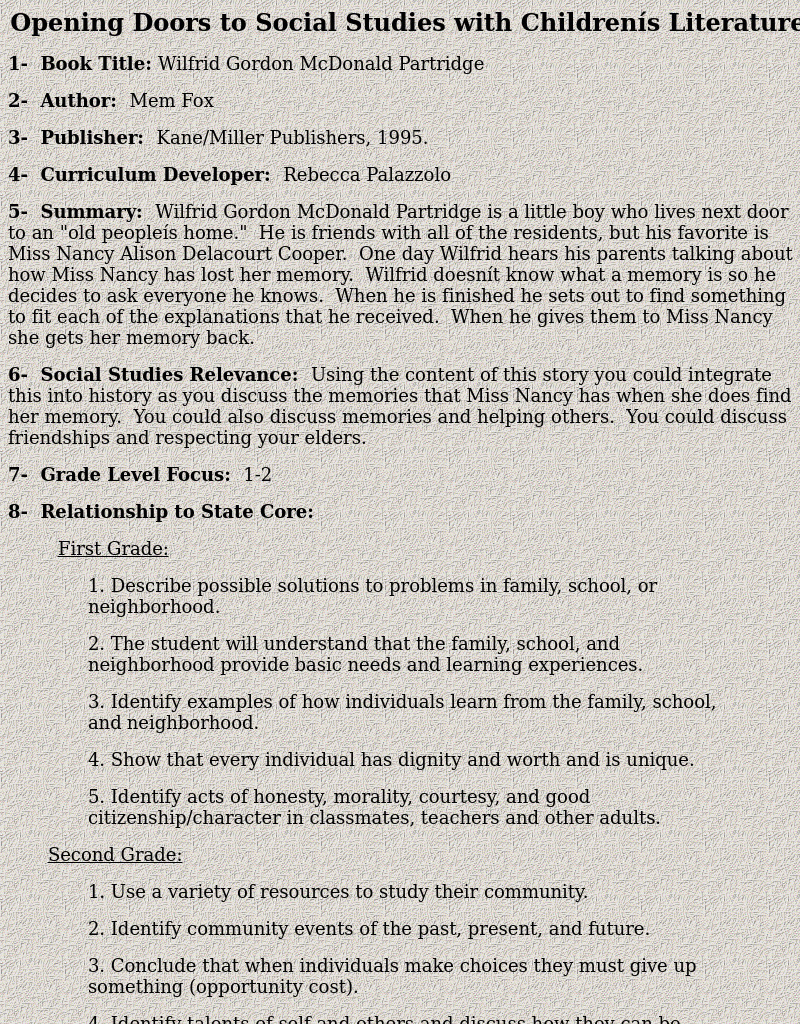 Wilfrid Gordon McDonald Partridge Lesson Plan