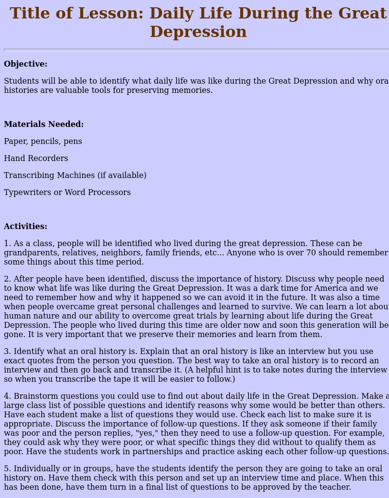 Daily Life During the Great Depression Lesson Plan
