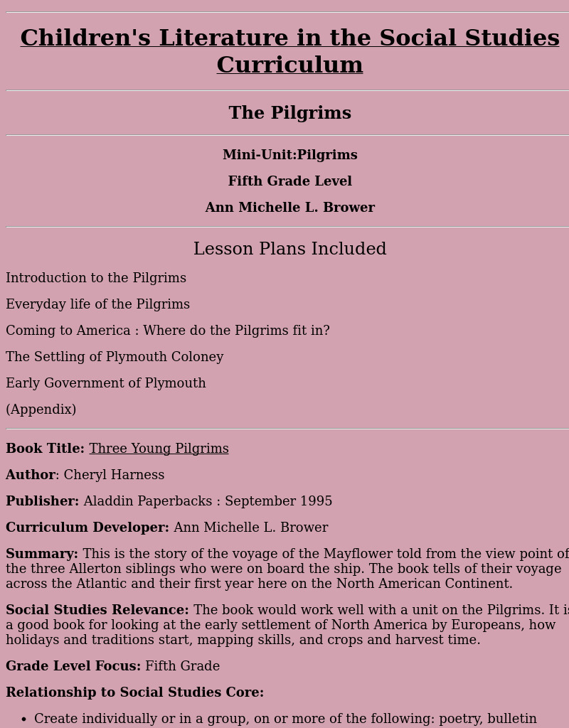 Three Young Pilgrims Lesson Plan