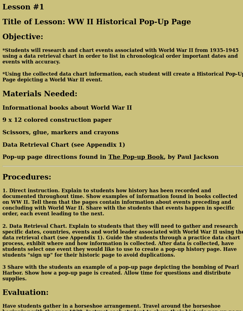 WW II Historical Pop-Up Page Lesson Plan