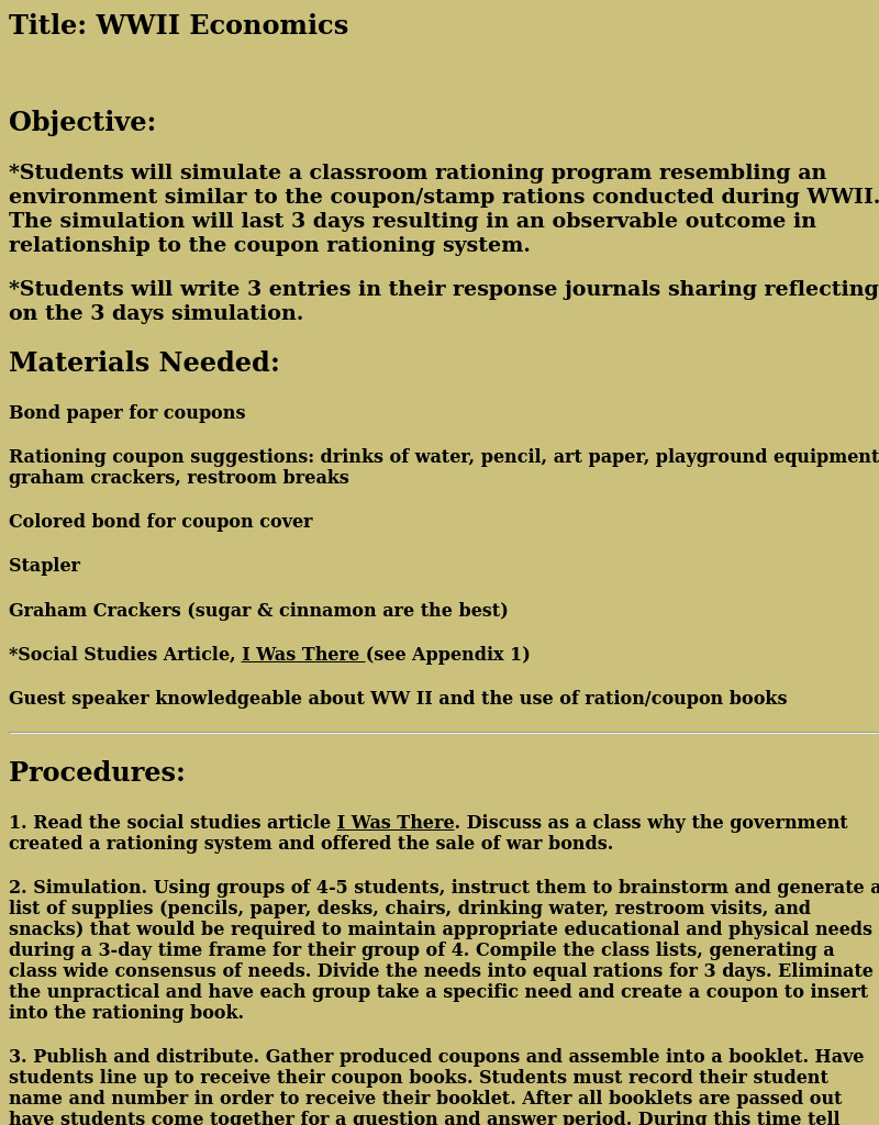 WWII Economics Lesson Plan