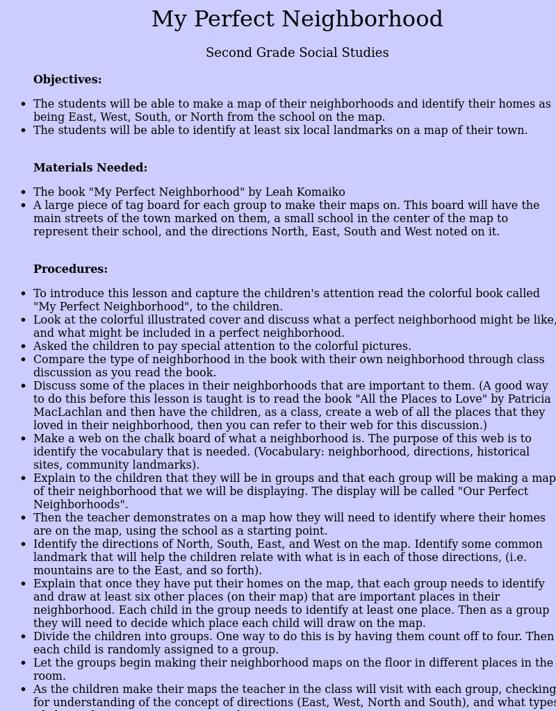 My Perfect Neighborhood Lesson Plan