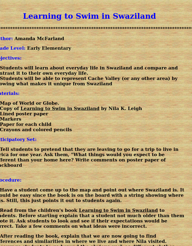 Learning to Swim in Swaziland Lesson Plan