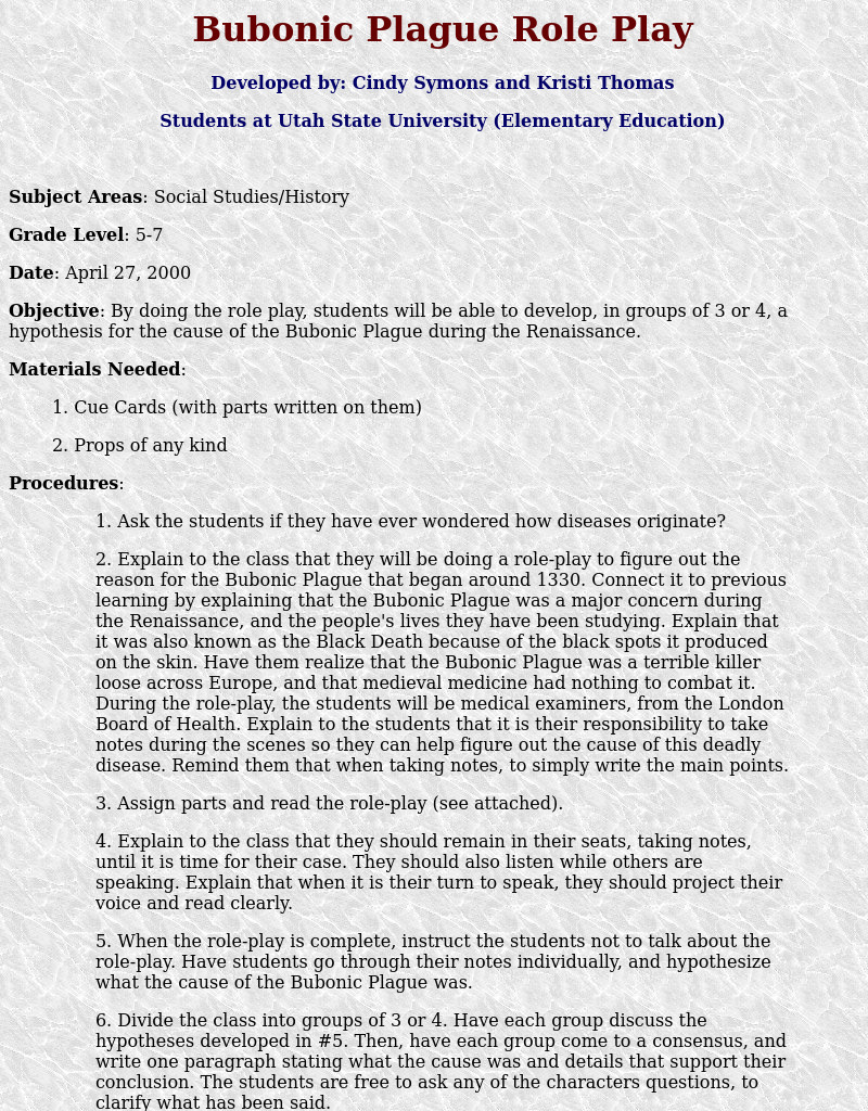 Bubonic Plague Role Play Lesson Plan