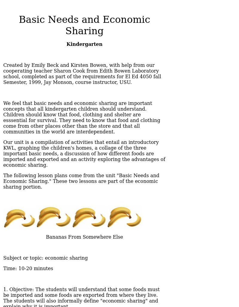 Basic Needs and Economic Sharing Lesson Plan