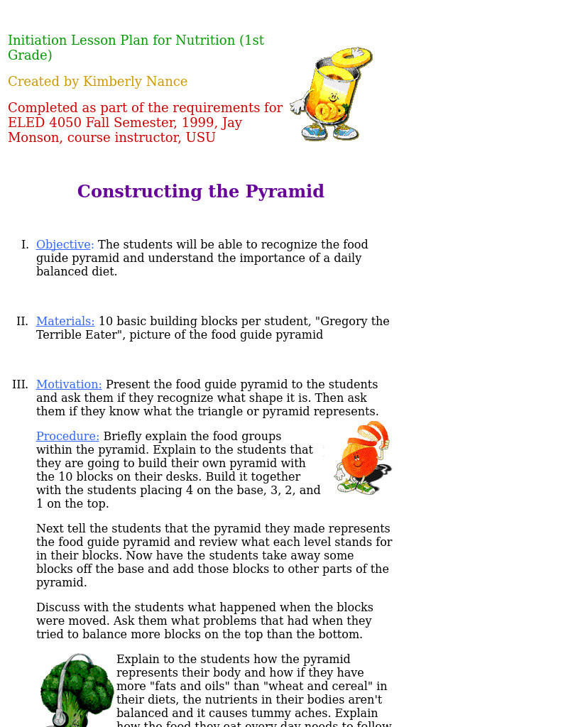 Initiation Lesson Plan for Nutrition (1st Grade) Lesson Plan