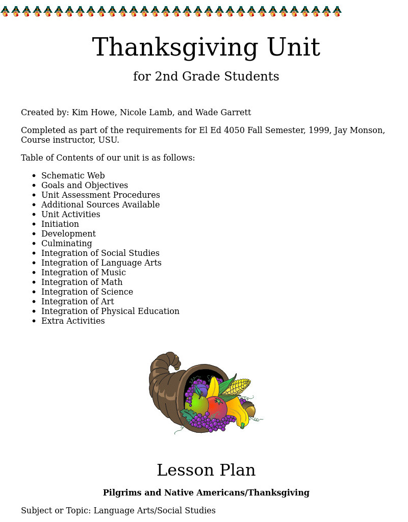 Thanksgiving Unit Lesson Plan