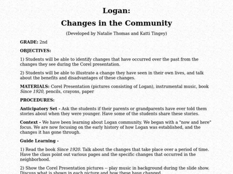 Logan: Changes in the Community Lesson Plan