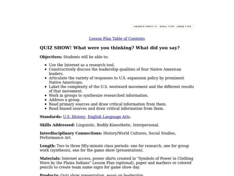 QUIZ SHOW! What were you thinking? What did you say? Lesson Plan