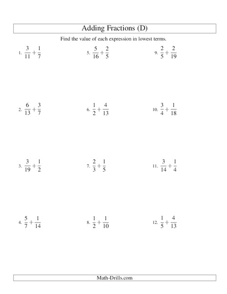 Add Fractions (D) Worksheet