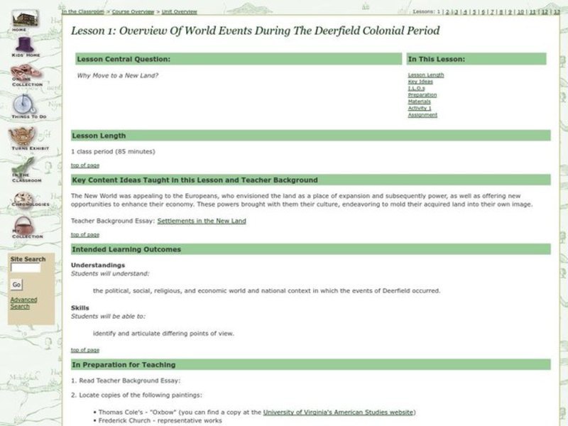 Overview of World events during the Deerfield Colonial Period Lesson Plan