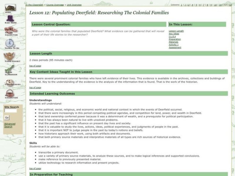 Populating Deerfield: A Workday for Researching the Colonial families Lesson Plan