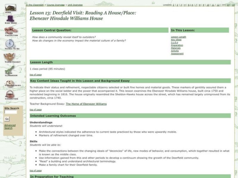 Deerfield Visit: Reading a House/Place (Ebenezer Hinsdale Williams House) Lesson Plan