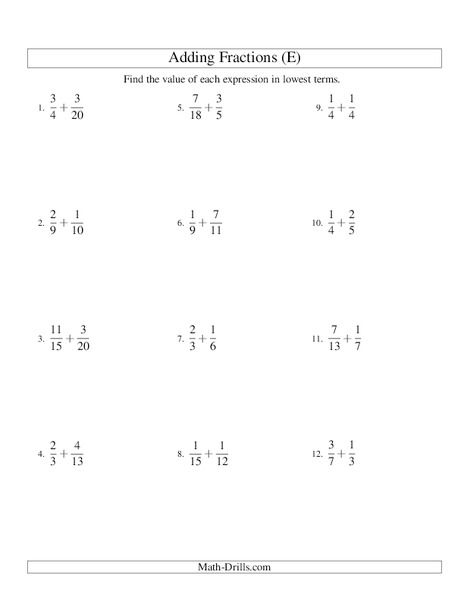 Add Fractions (E) Worksheet