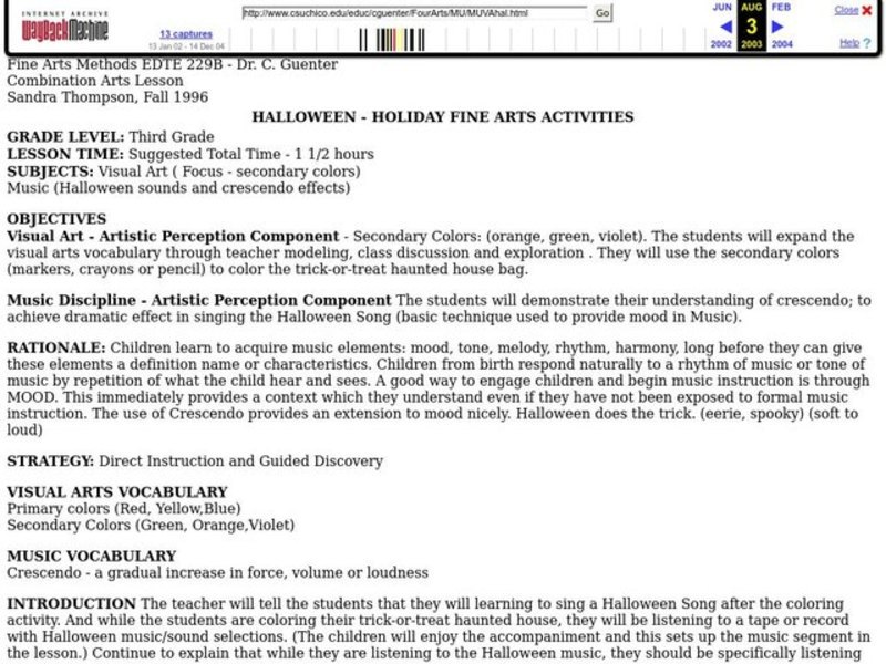 HALLOWEEN - HOLIDAY FINE ARTS ACTIVITIES Lesson Plan