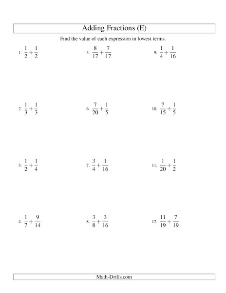 Add Fractions (E) Worksheet
