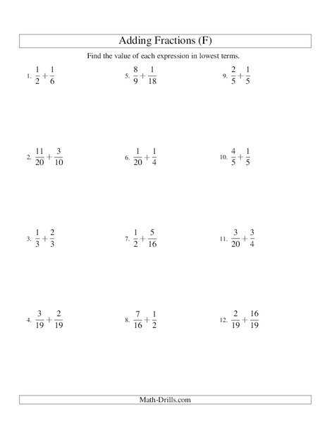 Add Fractions (F) Worksheet