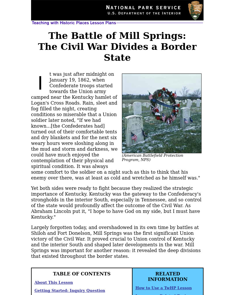 The Battle of Mill Springs Lesson Plan