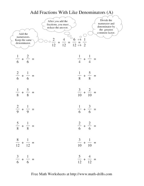 Add Fractions With Like Denominators (A) Worksheet