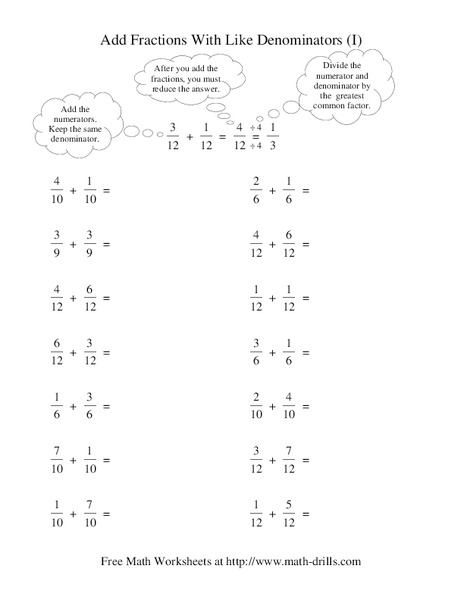 Add Fractions With Like Denominators Worksheet