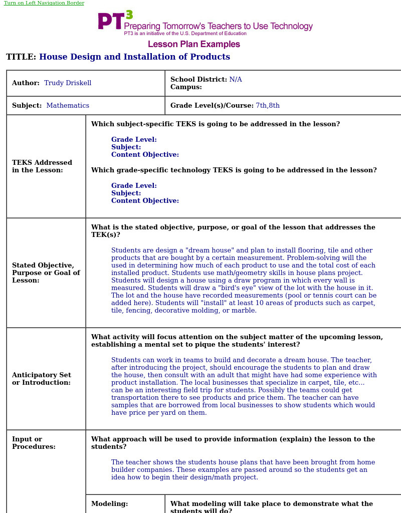 House Design and Installation of Products Lesson Plan