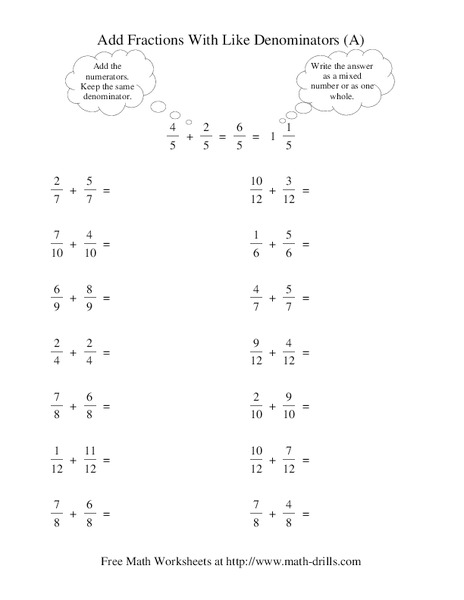 Add Fractions With Like Denominators (A) Worksheet