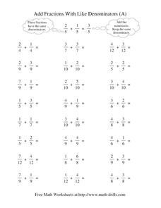 Add Fractions With Like Denominators (A) Worksheet
