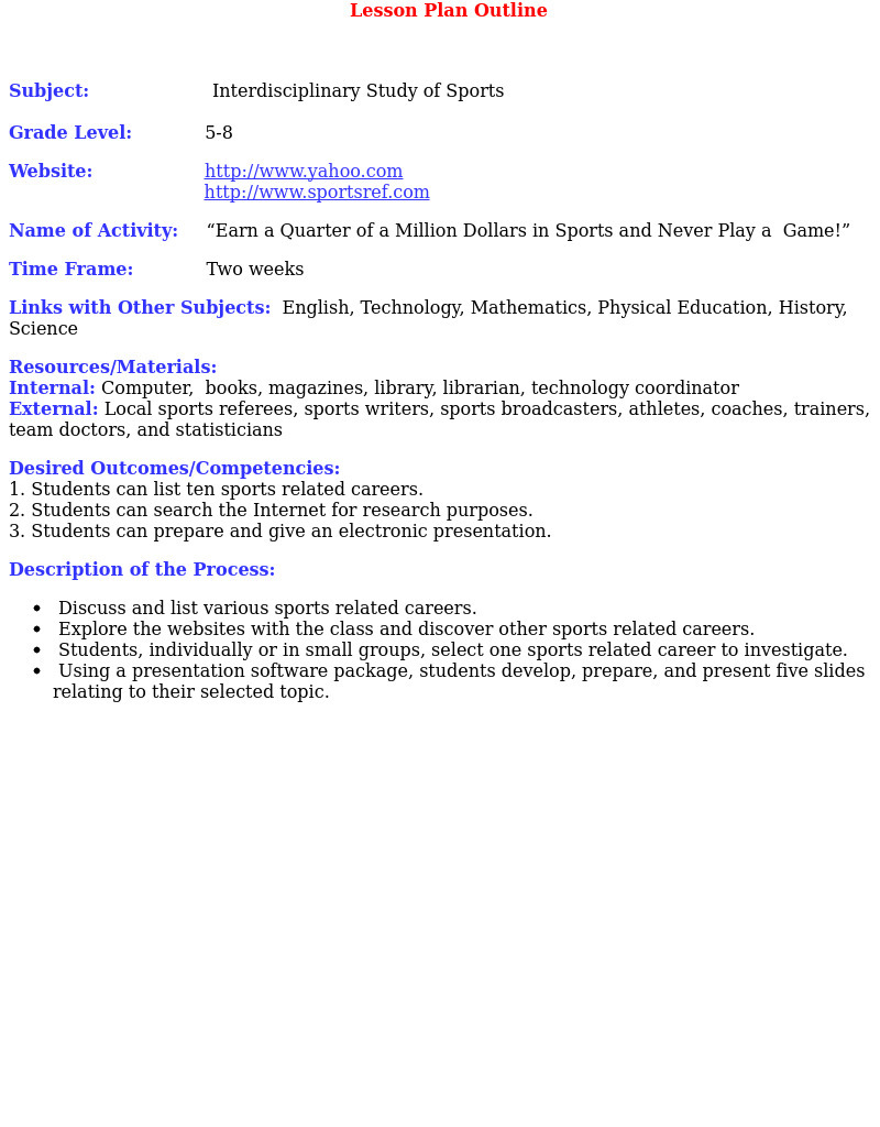 Earn a Quarter of a Million Dollars in Sports and Never Play a Game! Lesson Plan