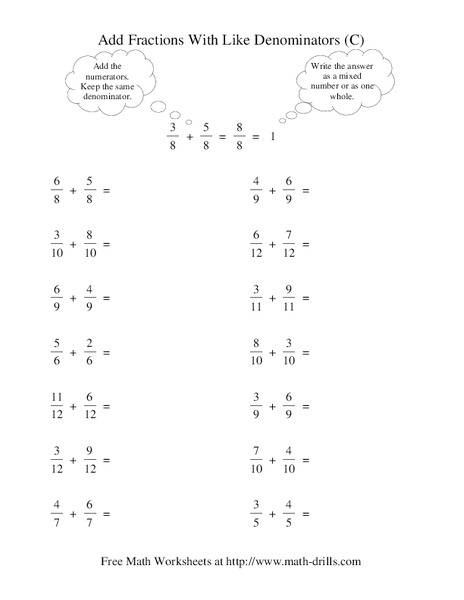 Add Fractions With Like Denominators (C) Worksheet
