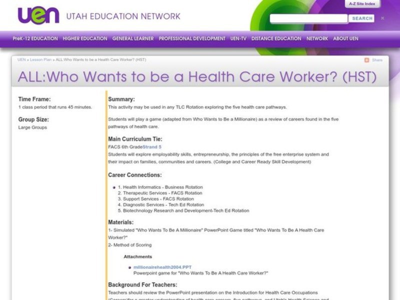 Who Wants to be a Health Care Worker? Lesson Plan