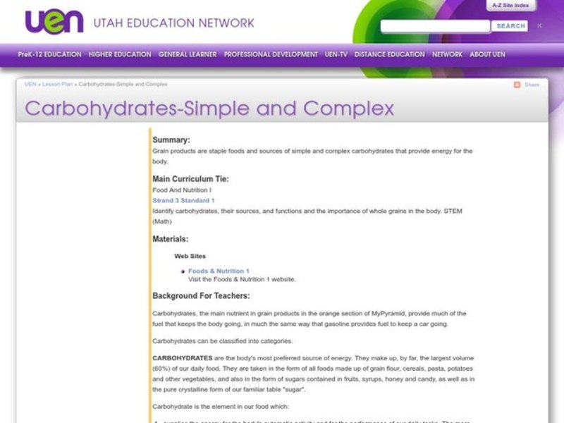 Carbohydrates-Simple and Complex Lesson Plan