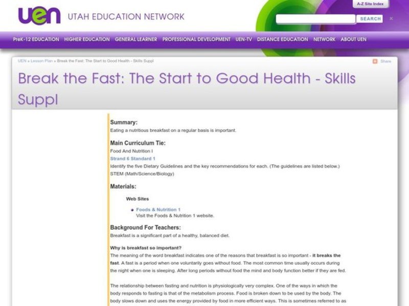 Break the Fast: The Start to Good Health - Skills Suppl Lesson Plan