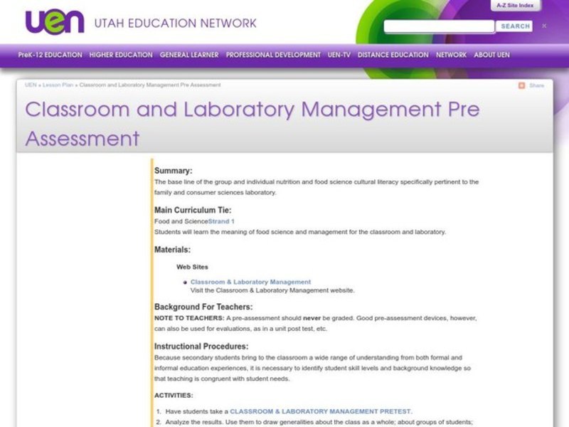 Classroom and Laboratory Management Pre Assessment Lesson Plan