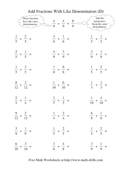 Add Fractions with Like Denominators (D) Worksheet