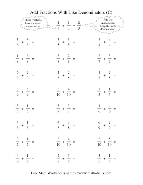 Add Fractions With Like Denominators (C) Worksheet