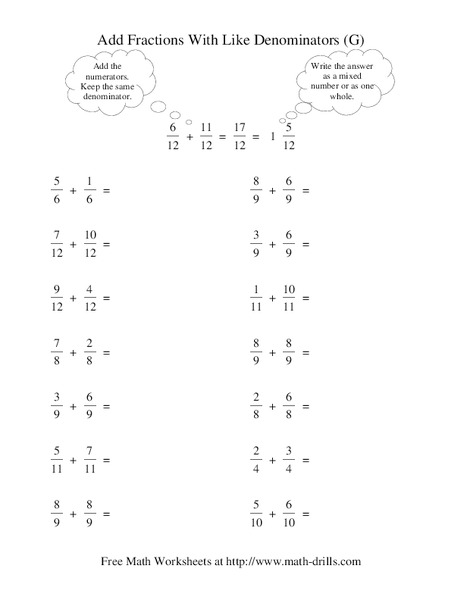 Add Fractions With Like Denominators (G) Worksheet