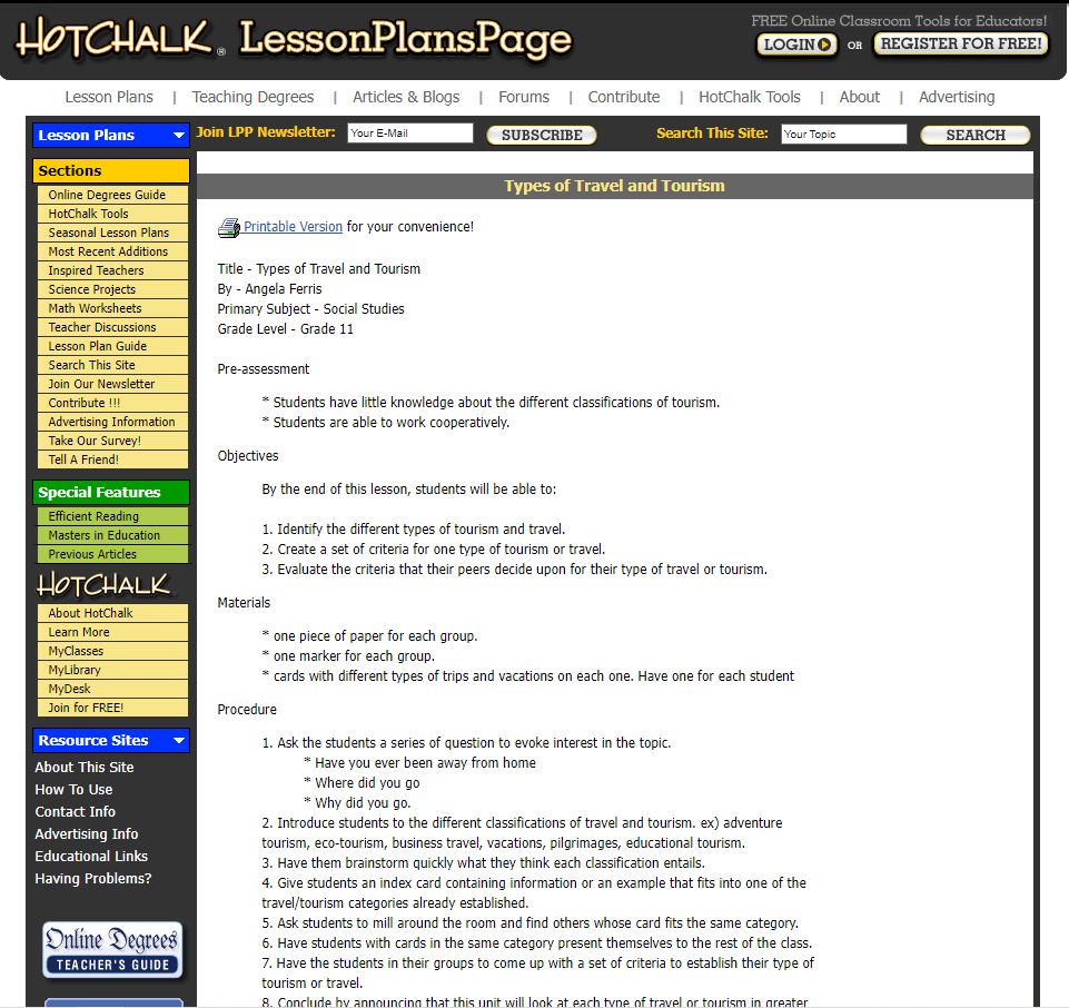 Types of Travel and Tourism Lesson Plan